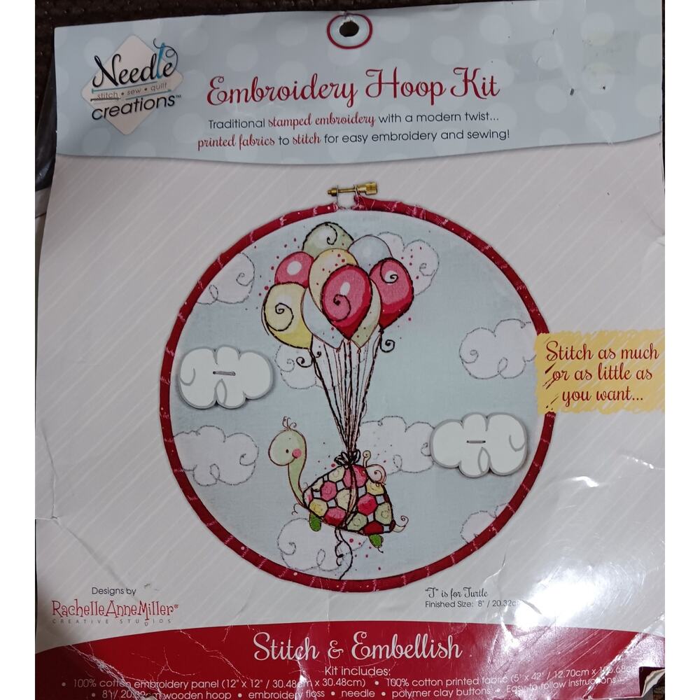Embroidery Hoop Kit Stitch & Embellish 8" Turtle w Balloons Package is Rough